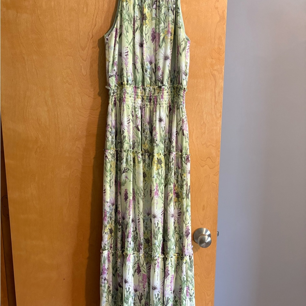 Green and White Halter Maxi Sundress for Wedding Guest